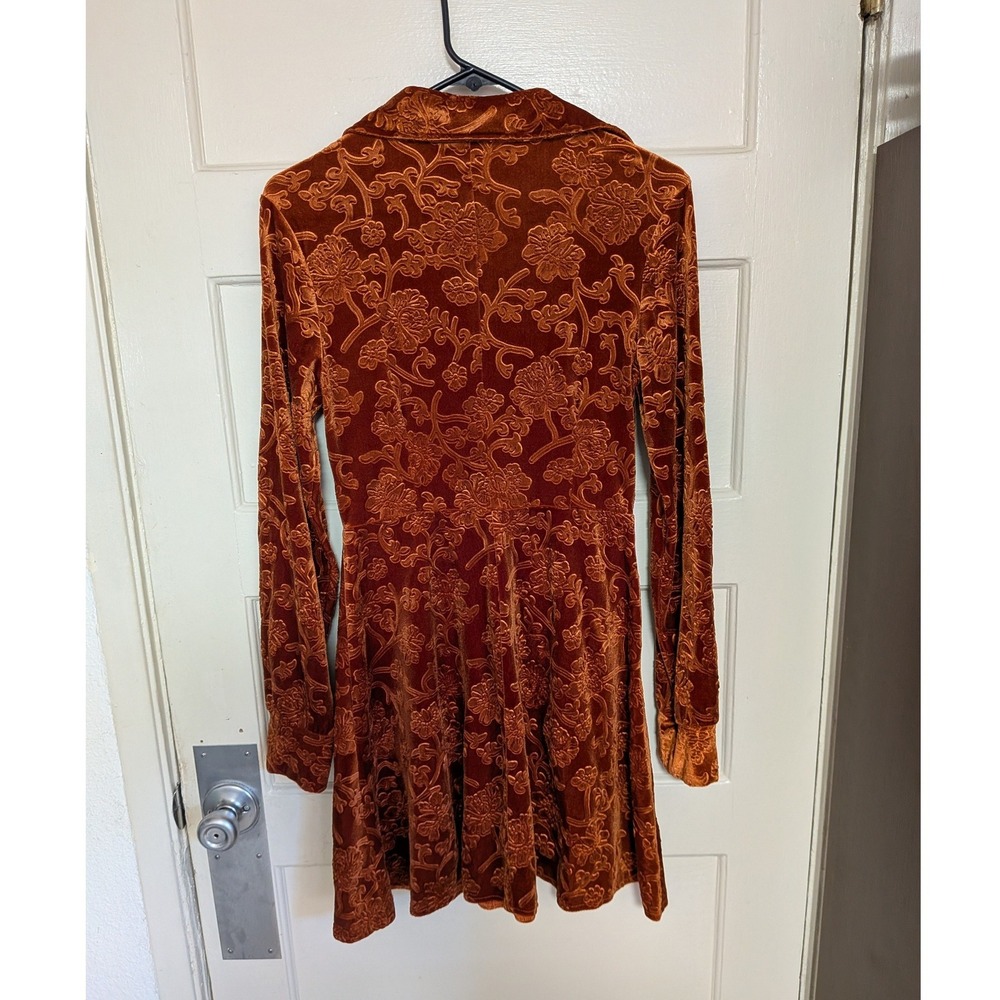 Cider Floral Jacquard Velvet Mini Shirt Dress Burnt Orange Long Sleeve Medium - Picture 5 of 6